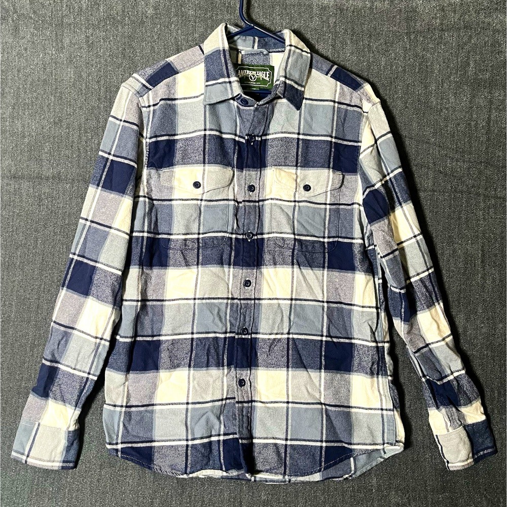 American Eagle Shirt Mens S Flannel Cotton Plaid Long Sleeve Button Up Pockets